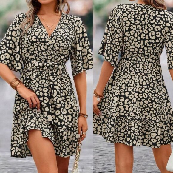 Allover Print Butterfly Sleeve Ruffle Hem Dress - Picture 1 of 7